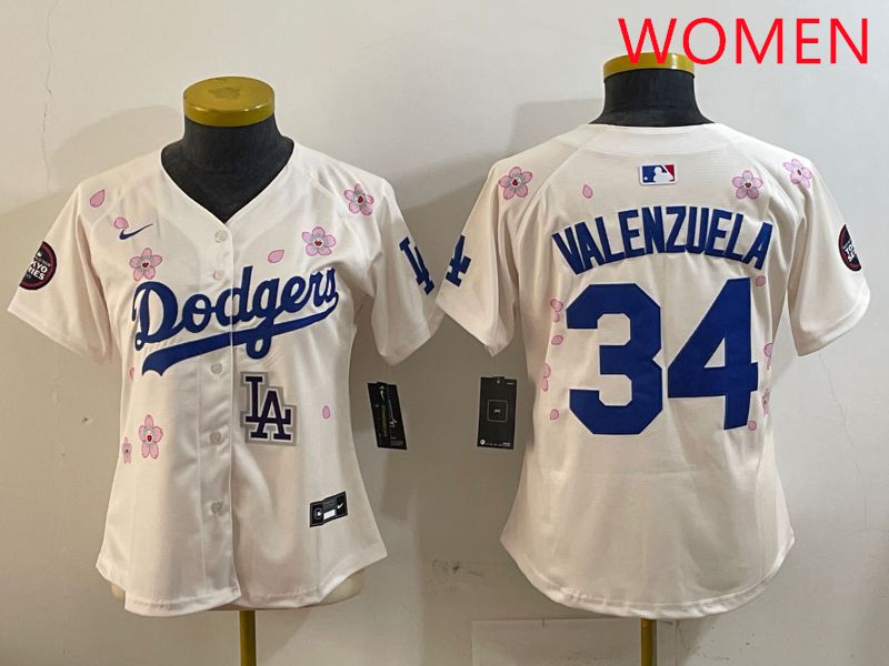 Women Los Angeles Dodgers #34 Valenzuela Cream Sakura Edition 2025 Nike MLB Jersey style 9->women mlb jersey->Women Jersey